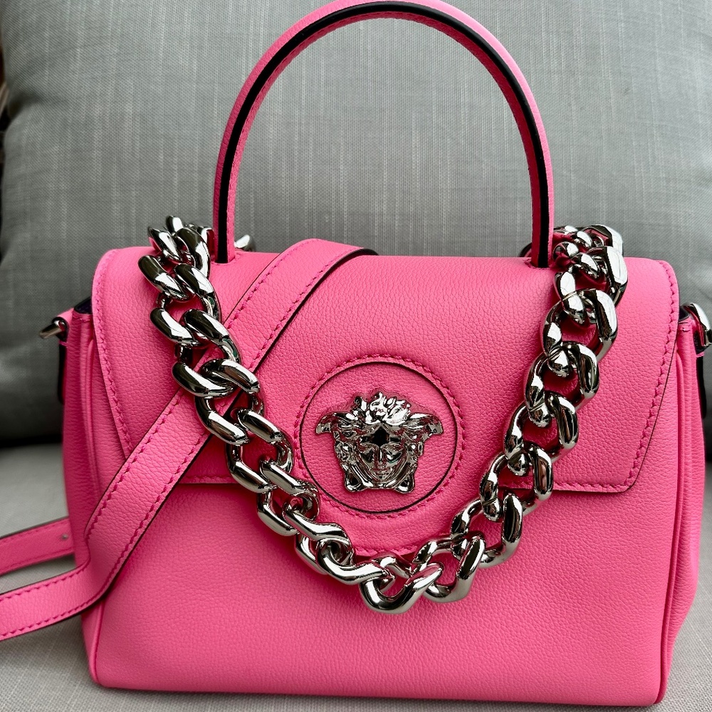 Versace-Inspired Hot Pink Leather Top-Handle Bag with Silver Chain